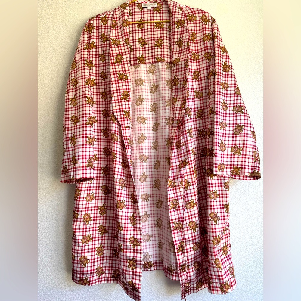 VTG! Satin Robe Teddy Bear Pattern Red Plaid Pockets Sz: L  Lounge Casual Y2K